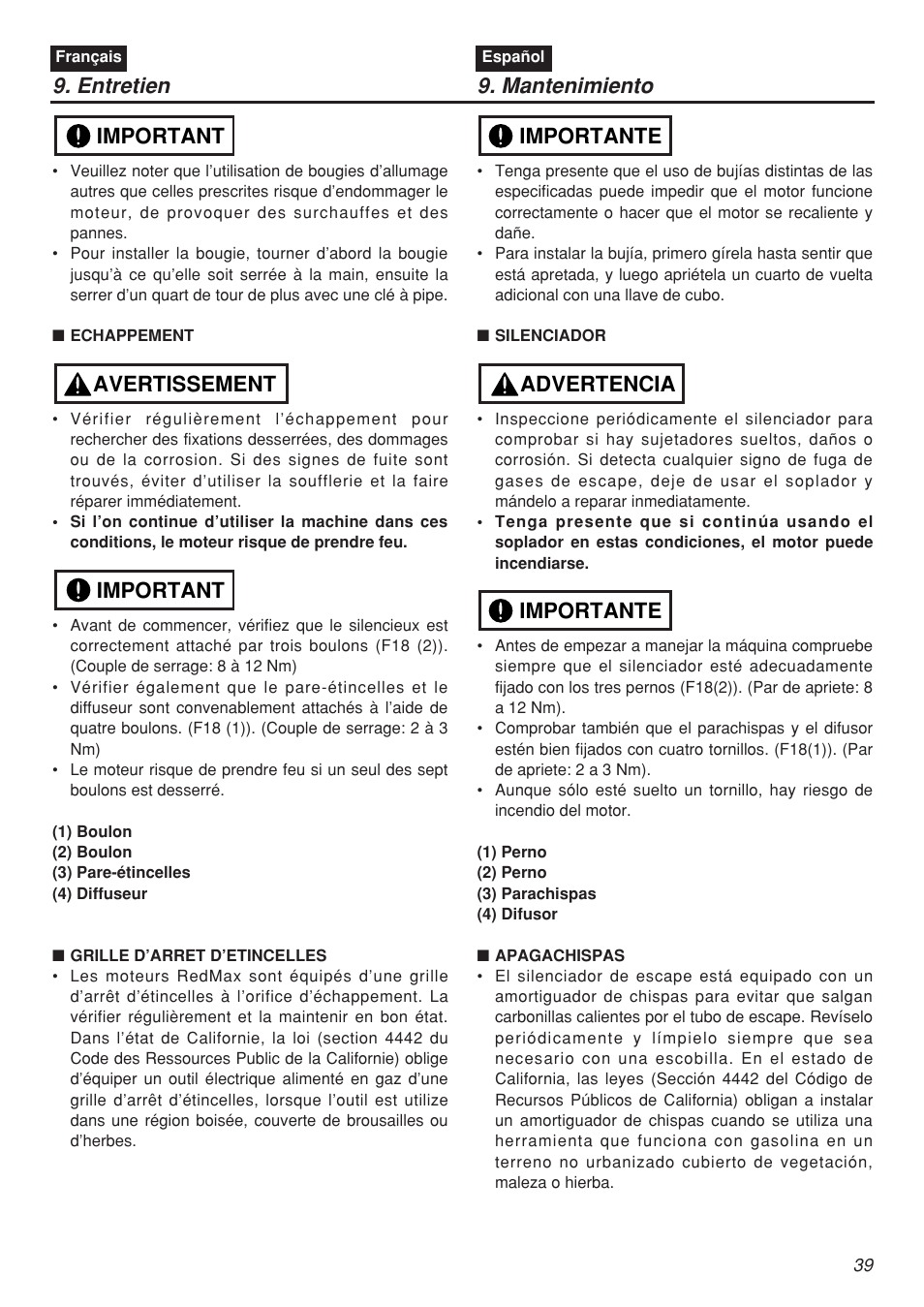 Entretien 9. mantenimiento, Important avertissement important, Importante advertencia importante | Zenoah EBZ7001-CA User Manual | Page 39 / 60