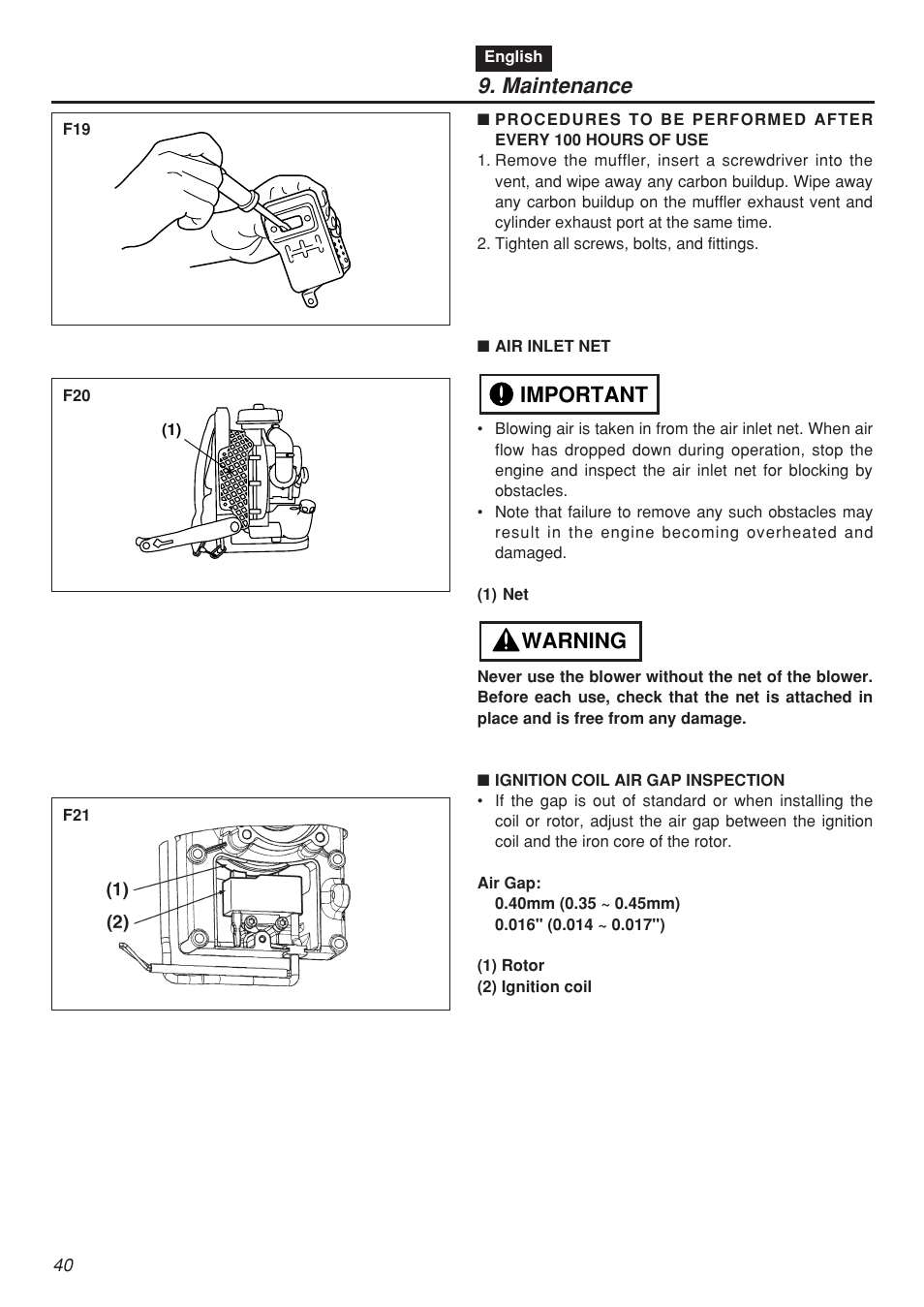 Maintenance, Warning important | Zenoah EBZ7001-CA User Manual | Page 40 / 60