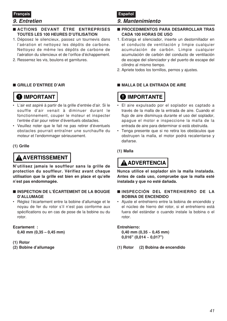 Entretien 9. mantenimiento, Avertissement important, Advertencia importante | Zenoah EBZ7001-CA User Manual | Page 41 / 60