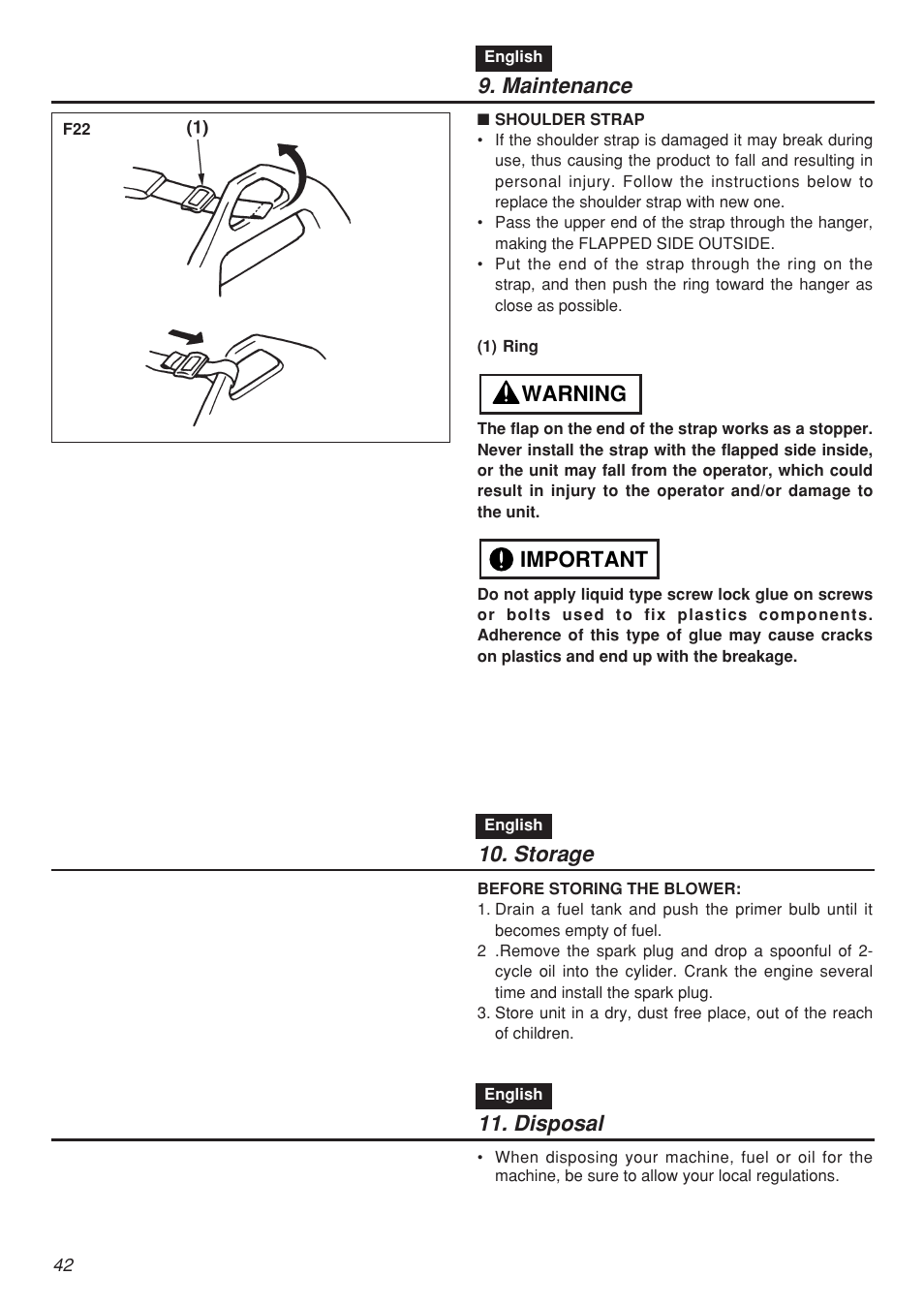 Maintenance, Important warning, Storage | Disposal | Zenoah EBZ7001-CA User Manual | Page 42 / 60