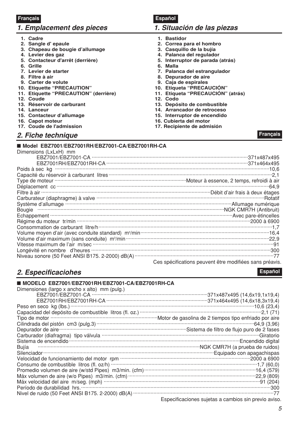 Emplacement des pieces 1. situación de las piezas, Fiche technique, Especificaciohes | Zenoah EBZ7001-CA User Manual | Page 5 / 60