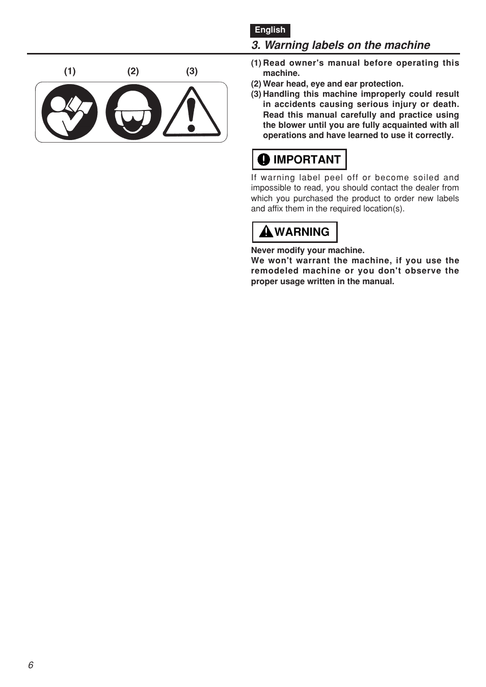 Warning labels on the machine, Warning important | Zenoah EBZ7001-CA User Manual | Page 6 / 60