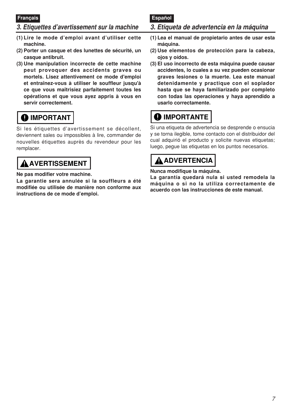 Avertissement important, Advertencia importante | Zenoah EBZ7001-CA User Manual | Page 7 / 60