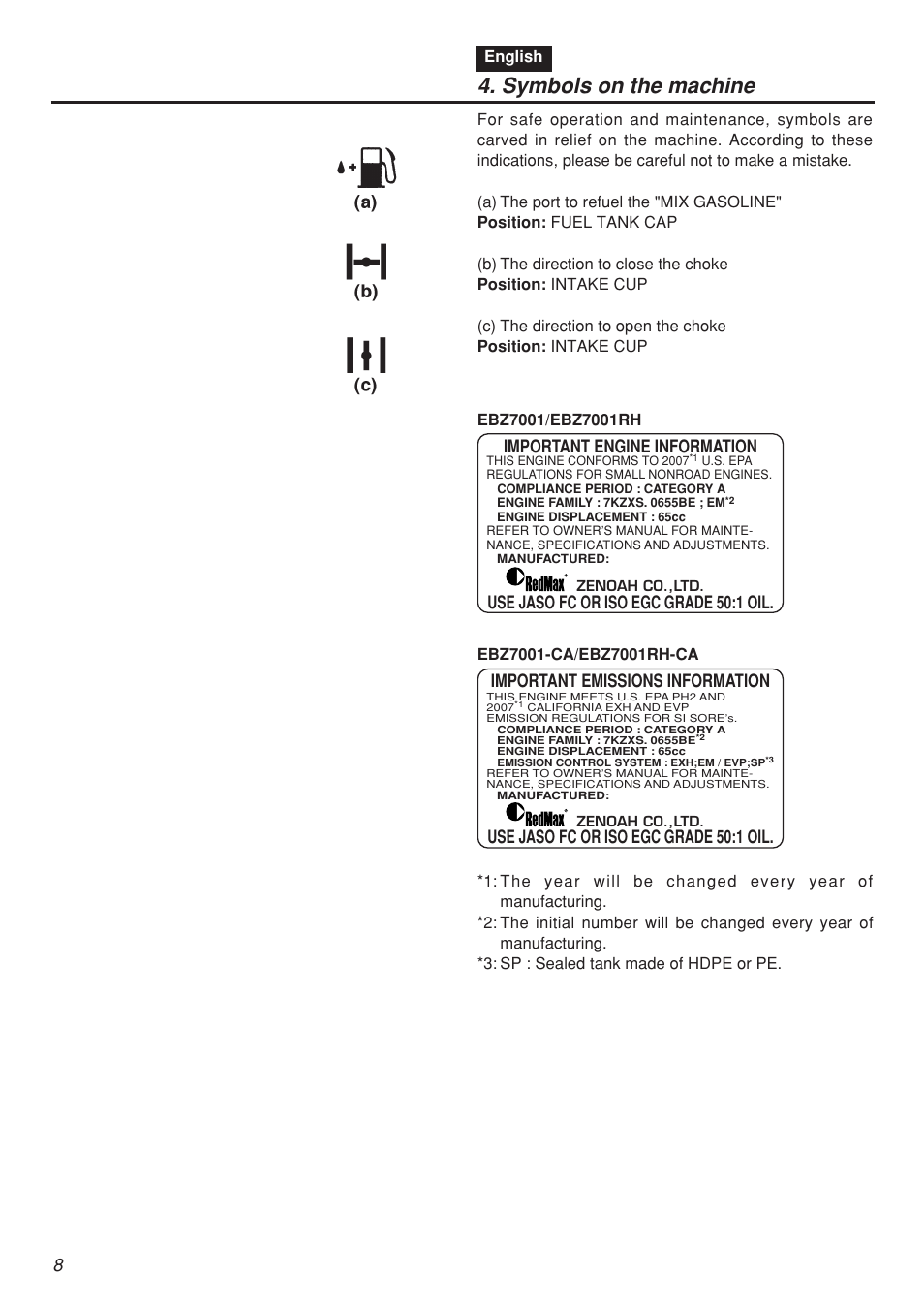 Symbols on the machine, Important engine information, Use jaso fc or iso egc grade 50:1 oil | Zenoah EBZ7001-CA User Manual | Page 8 / 60