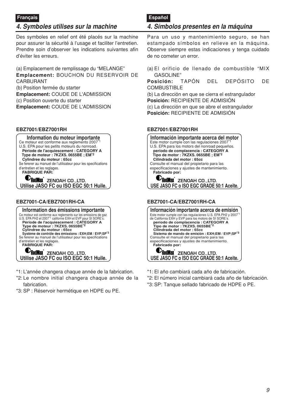 Information du moteur importante, Utilise jaso fc ou iso egc 50:1 huile, Información importante acerca del motor | Use jaso fc o iso egc grade 50:1 aceite | Zenoah EBZ7001-CA User Manual | Page 9 / 60