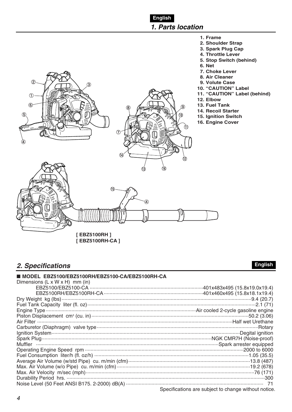 Parts location, Specifications | Zenoah EBZ5100-CA User Manual | Page 4 / 60