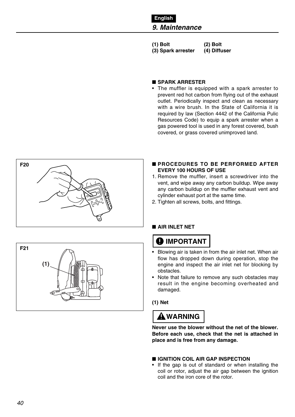 Maintenance, Warning important | Zenoah EBZ5100-CA User Manual | Page 40 / 60