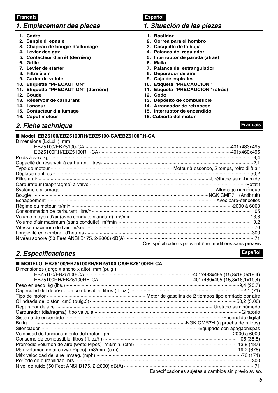 Emplacement des pieces 1. situación de las piezas, Fiche technique, Especificaciohes | Zenoah EBZ5100-CA User Manual | Page 5 / 60