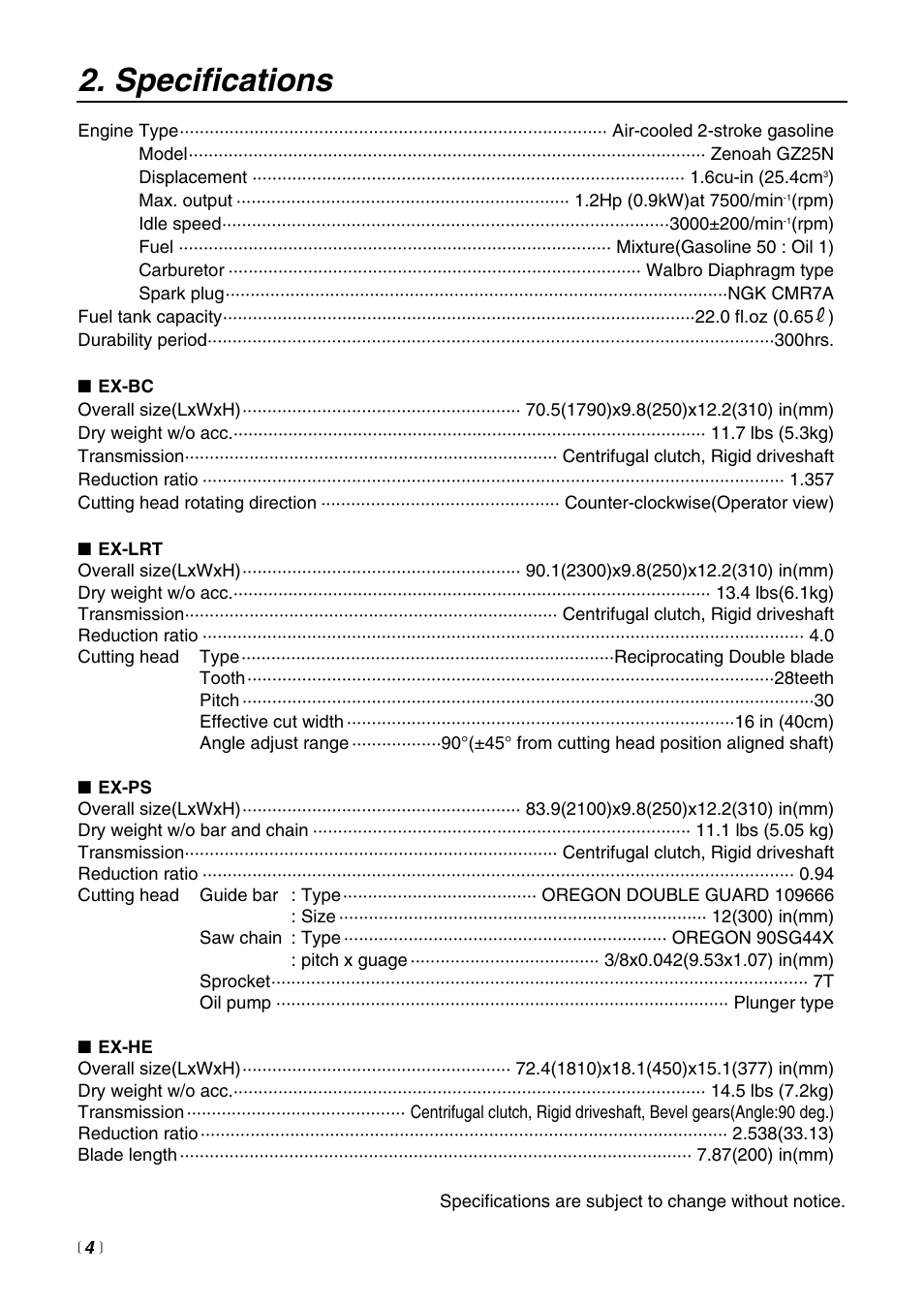 Specifications | Zenoah EXZ2500S-BC User Manual | Page 4 / 60