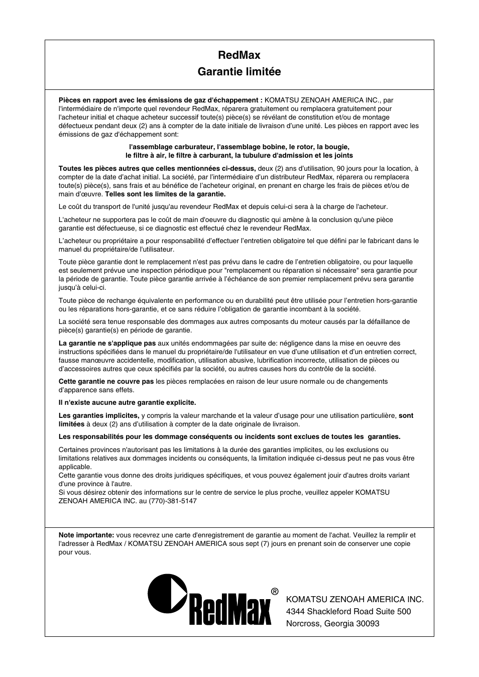 Redmax garantie limitée | Zenoah EXZ2500S-BC User Manual | Page 59 / 60