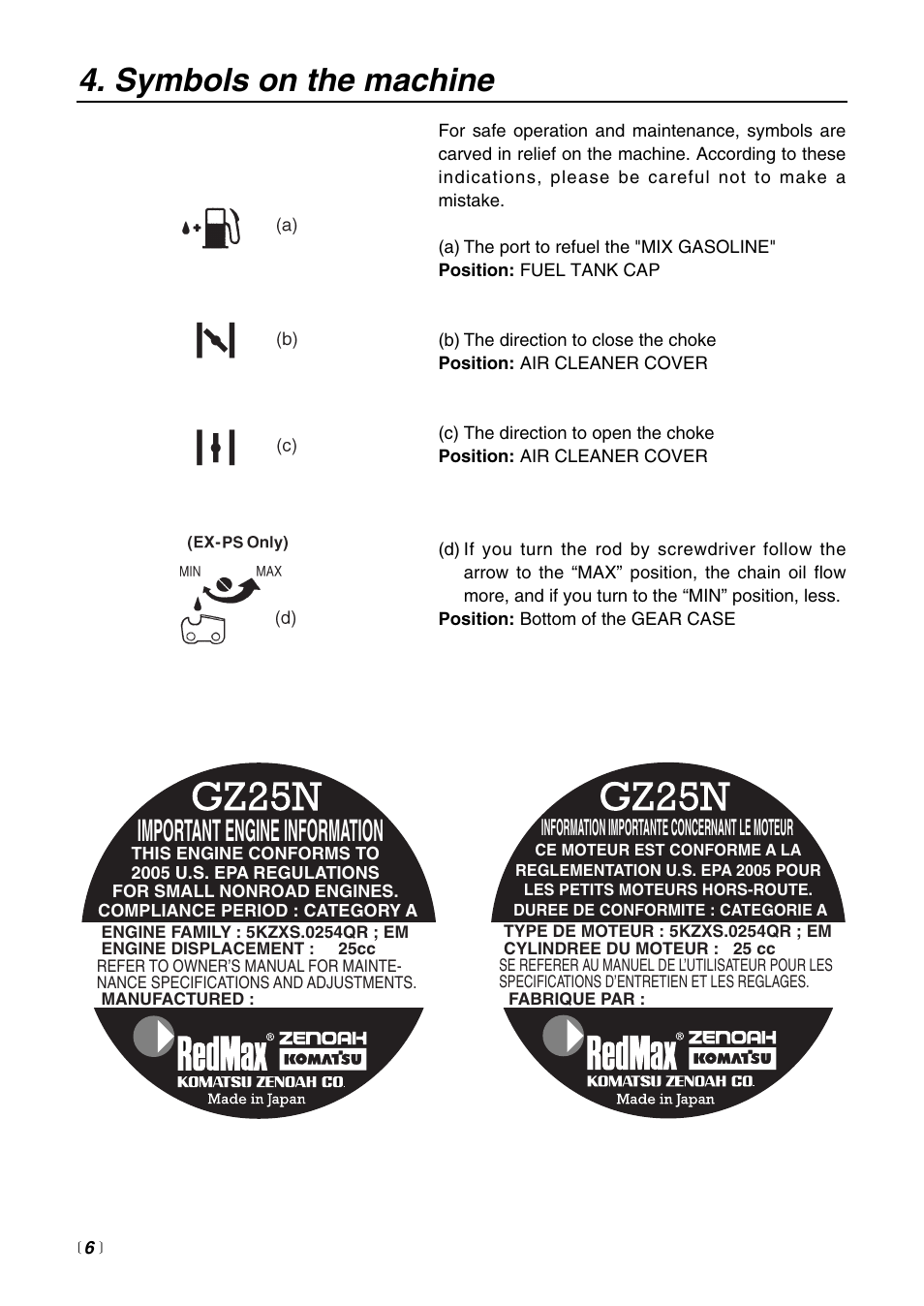 Symbols on the machine, Important engine information, Information importante concernant le moteur | Zenoah EXZ2500S-BC User Manual | Page 6 / 60