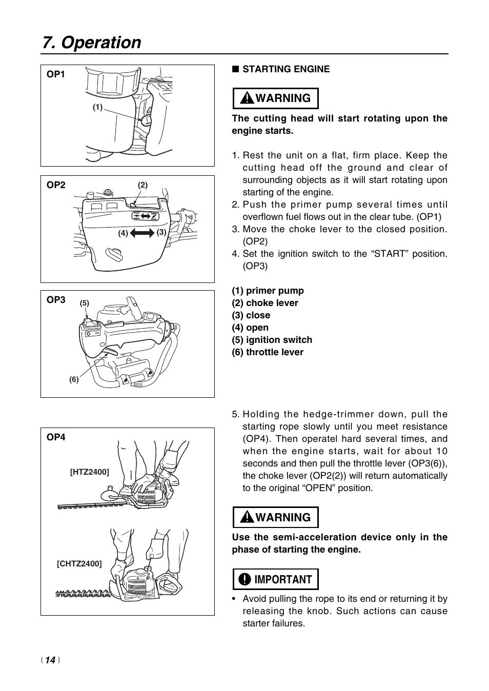 Operation, Important warning warning | Zenoah HTZ2400 User Manual | Page 14 / 32