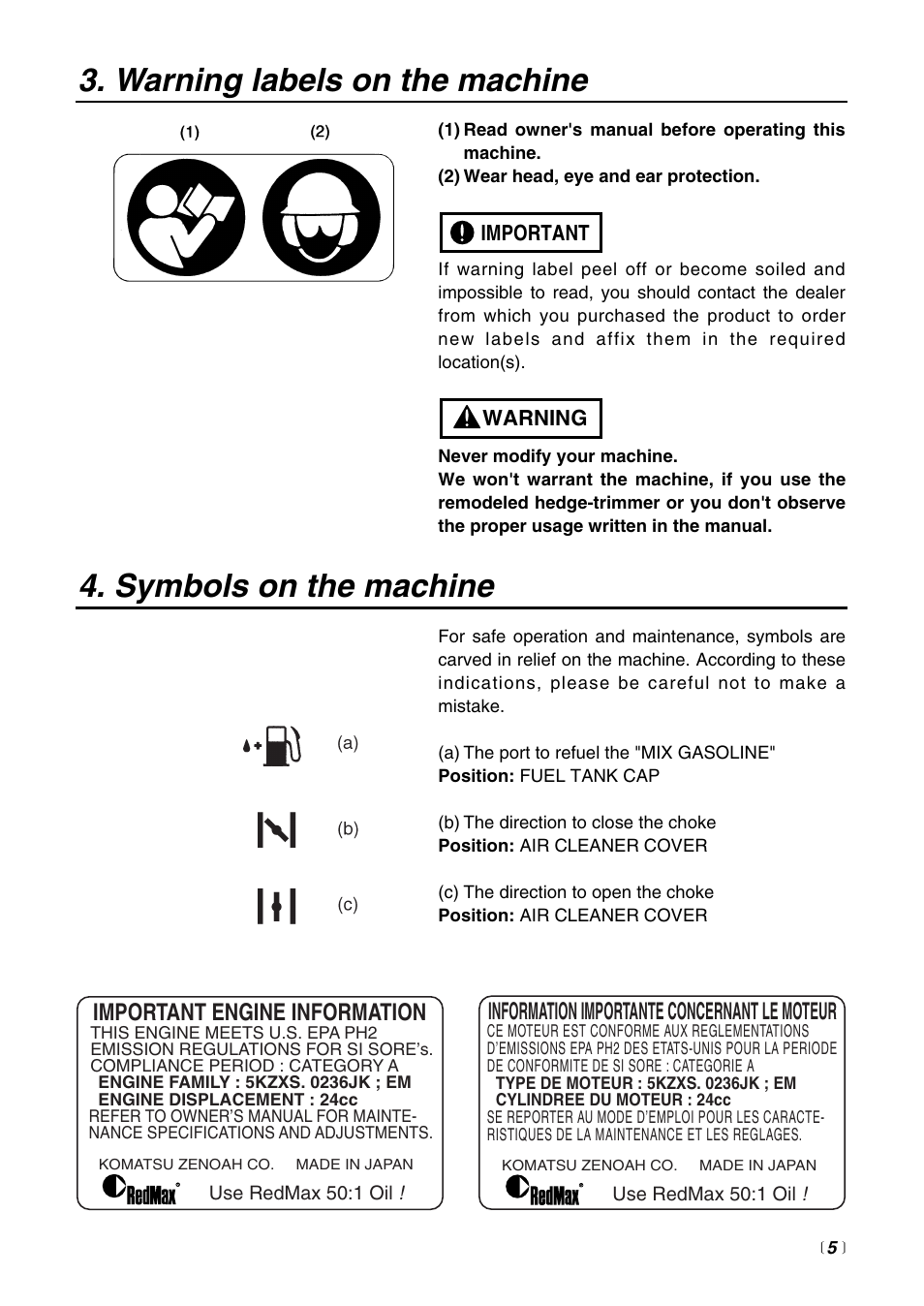 Warning labels on the machine, Symbols on the machine, Important engine information | Information importante concernant le moteur | Zenoah HTZ2400 User Manual | Page 5 / 32