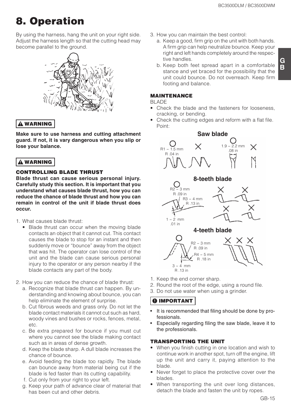 Operation, Saw blade 8-teeth blade 4-teeth blade | Zenoah BC3500DWM User Manual | Page 15 / 18