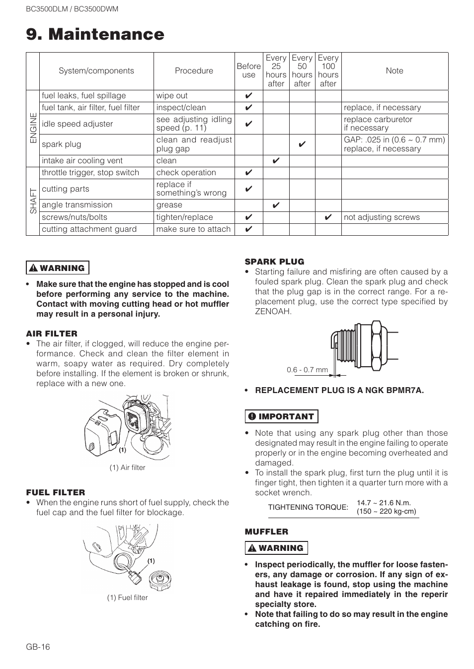 Maintenance | Zenoah BC3500DWM User Manual | Page 16 / 18