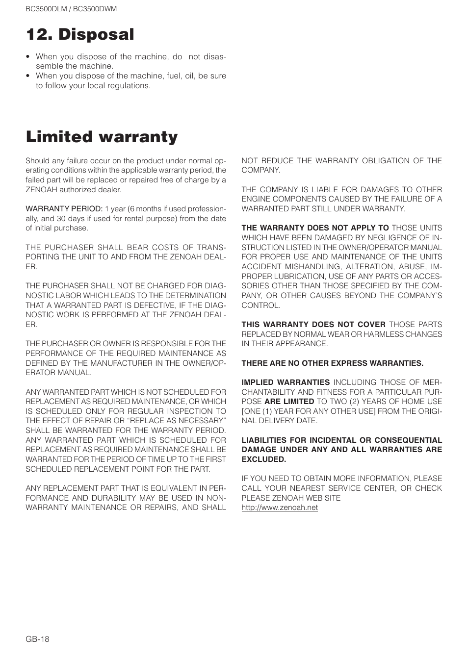 Limited warranty, Disposal | Zenoah BC3500DWM User Manual | Page 18 / 18