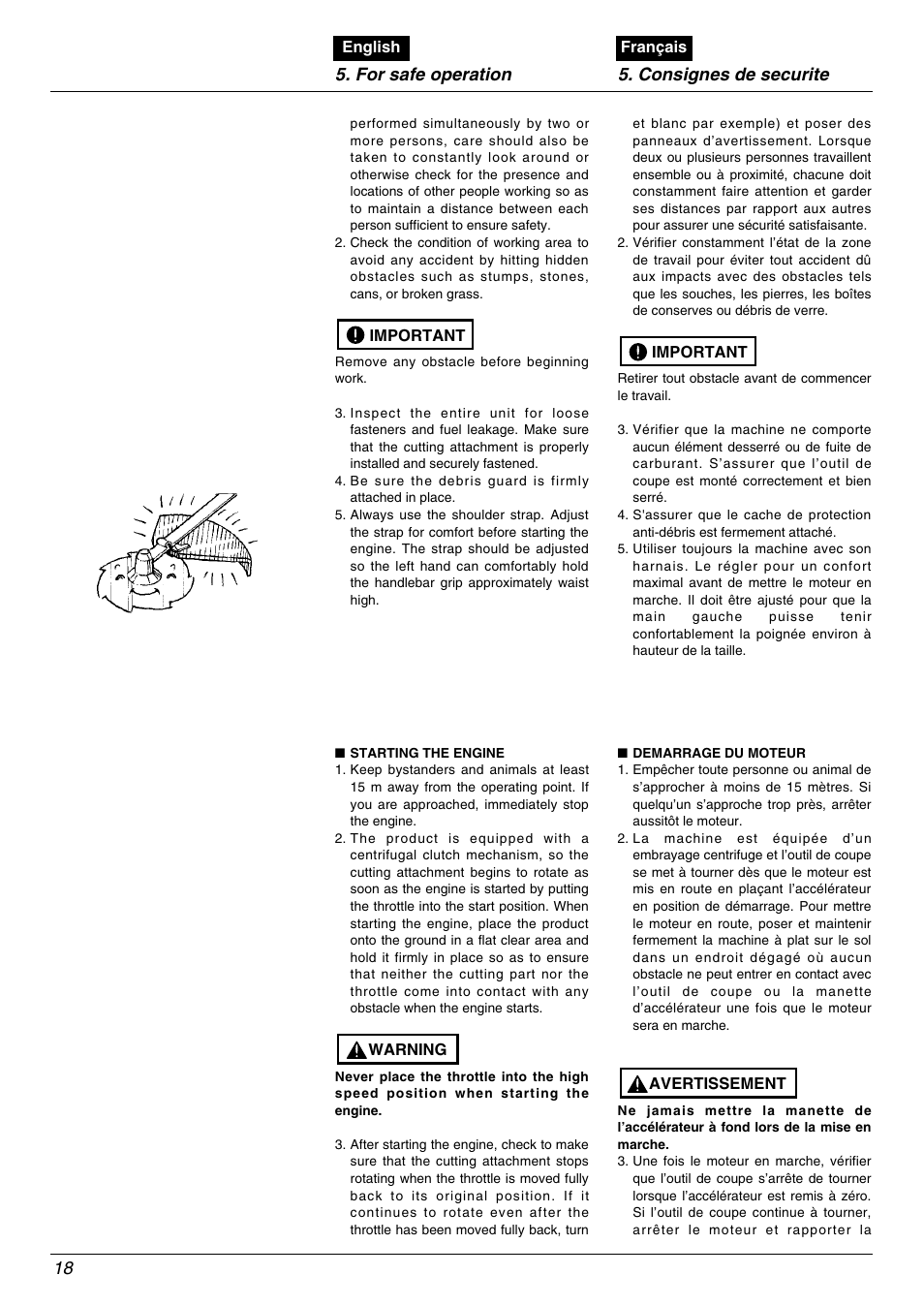 For safe operation 5. consignes de securite | Zenoah BK4500FL User Manual | Page 18 / 62
