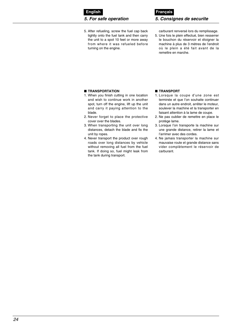 For safe operation 5. consignes de securite 24 | Zenoah BK4500FL User Manual | Page 24 / 62