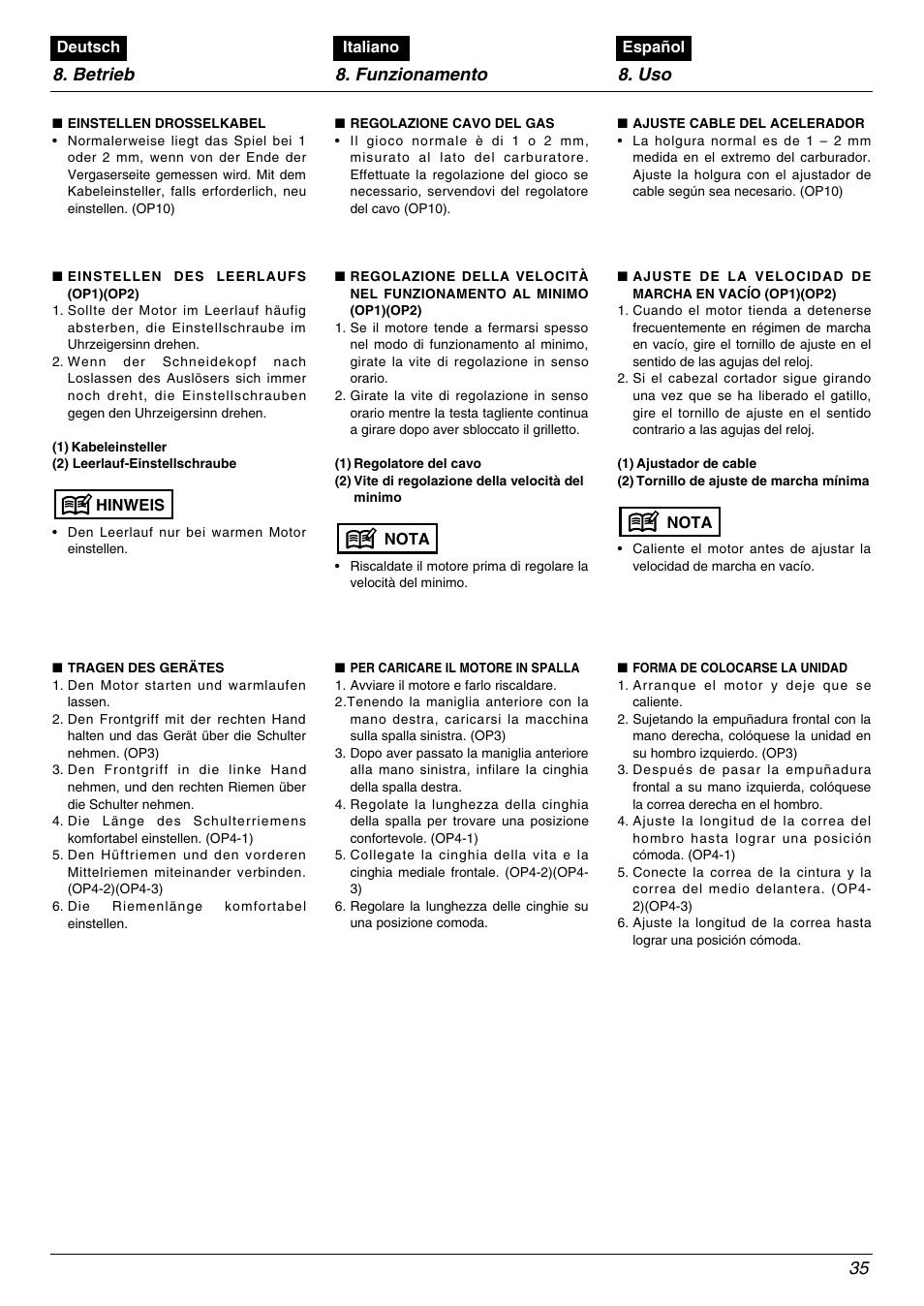 Betrieb 8. funzionamento 8. uso 35 | Zenoah BK4500FL User Manual | Page 35 / 62