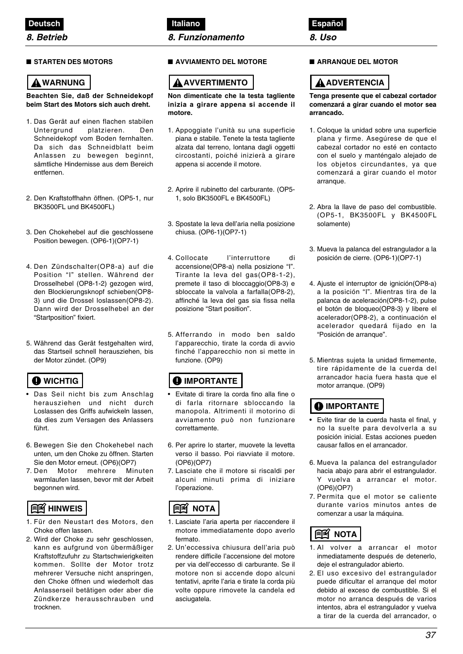 Betrieb 8. funzionamento 8. uso 37 | Zenoah BK4500FL User Manual | Page 37 / 62