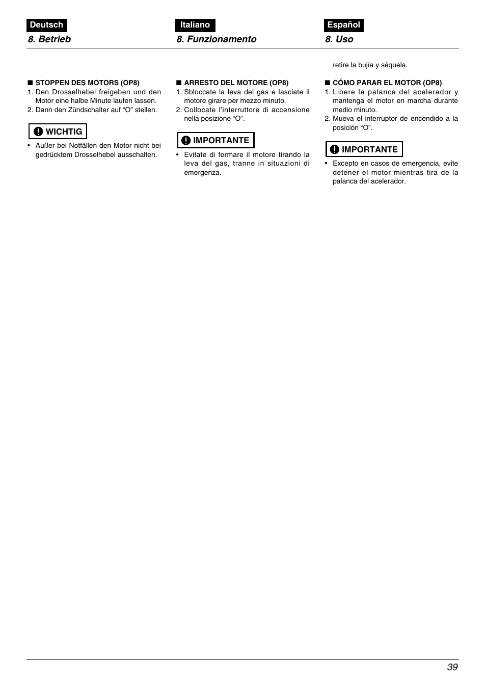 Betrieb 8. funzionamento 8. uso 39 | Zenoah BK4500FL User Manual | Page 39 / 62