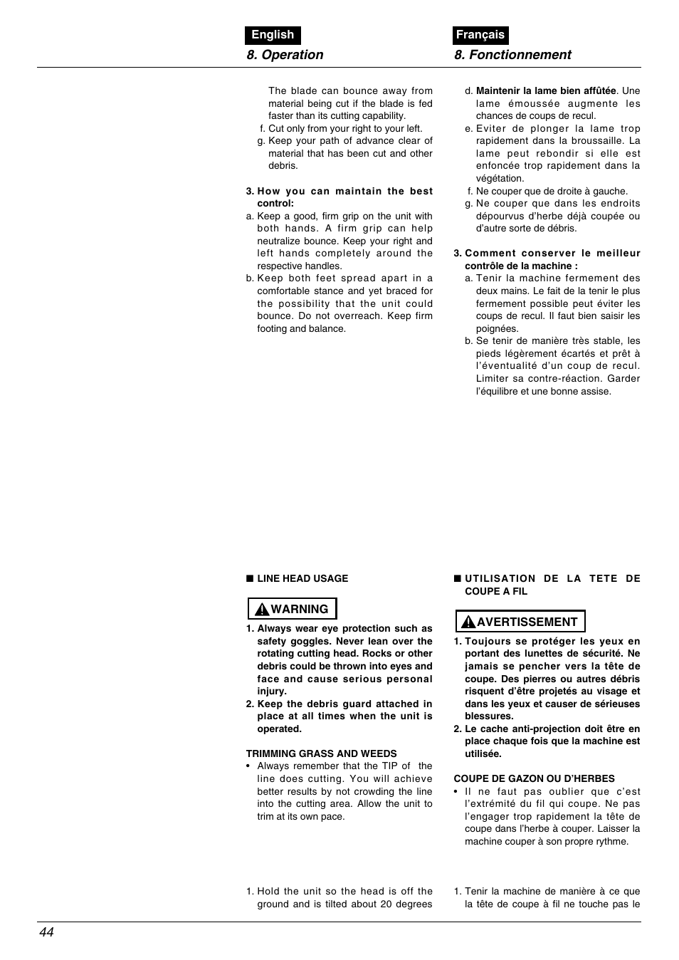 Operation 8. fonctionnement 44 | Zenoah BK4500FL User Manual | Page 44 / 62