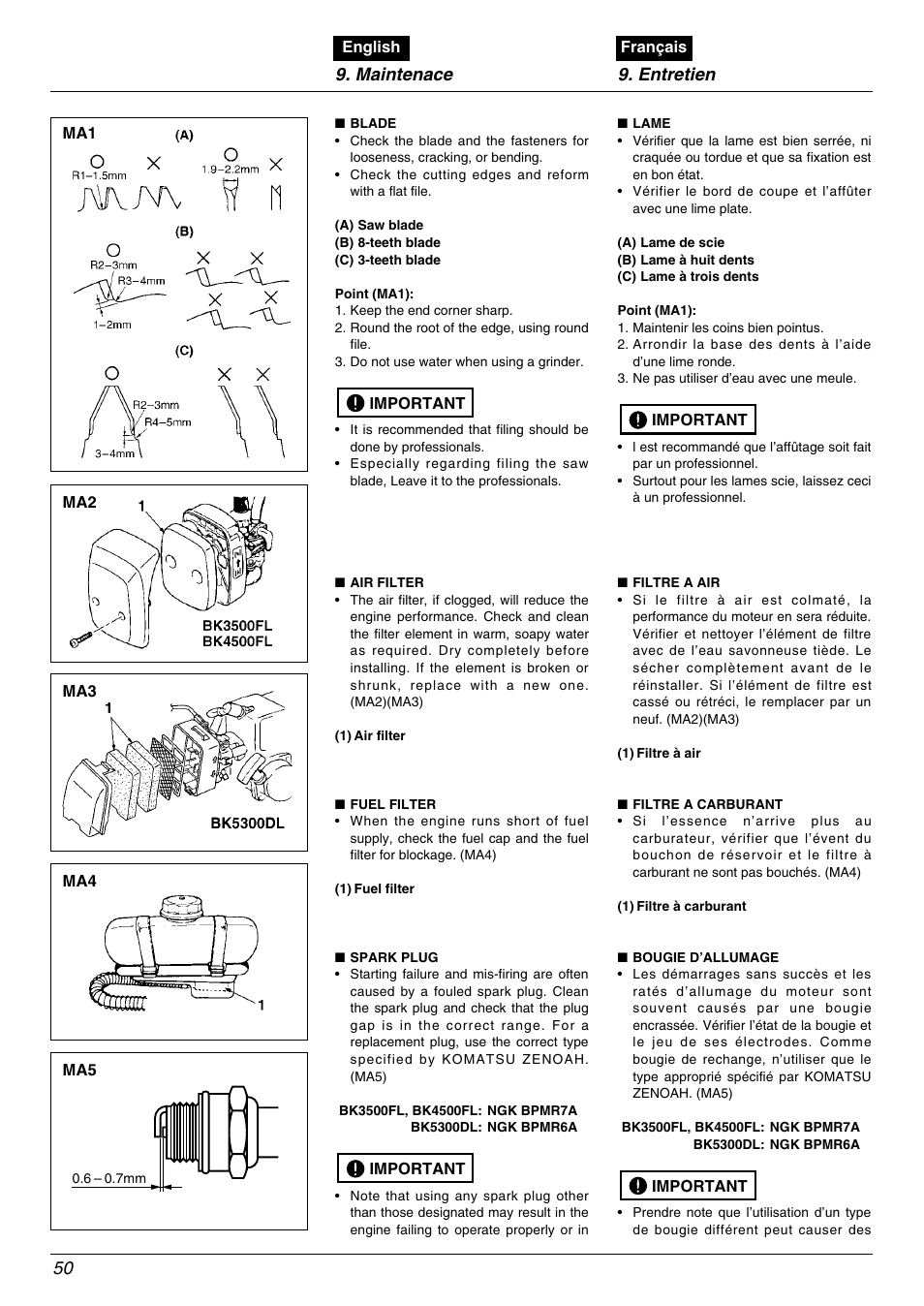 Maintenace 9. entretien 50 | Zenoah BK4500FL User Manual | Page 50 / 62