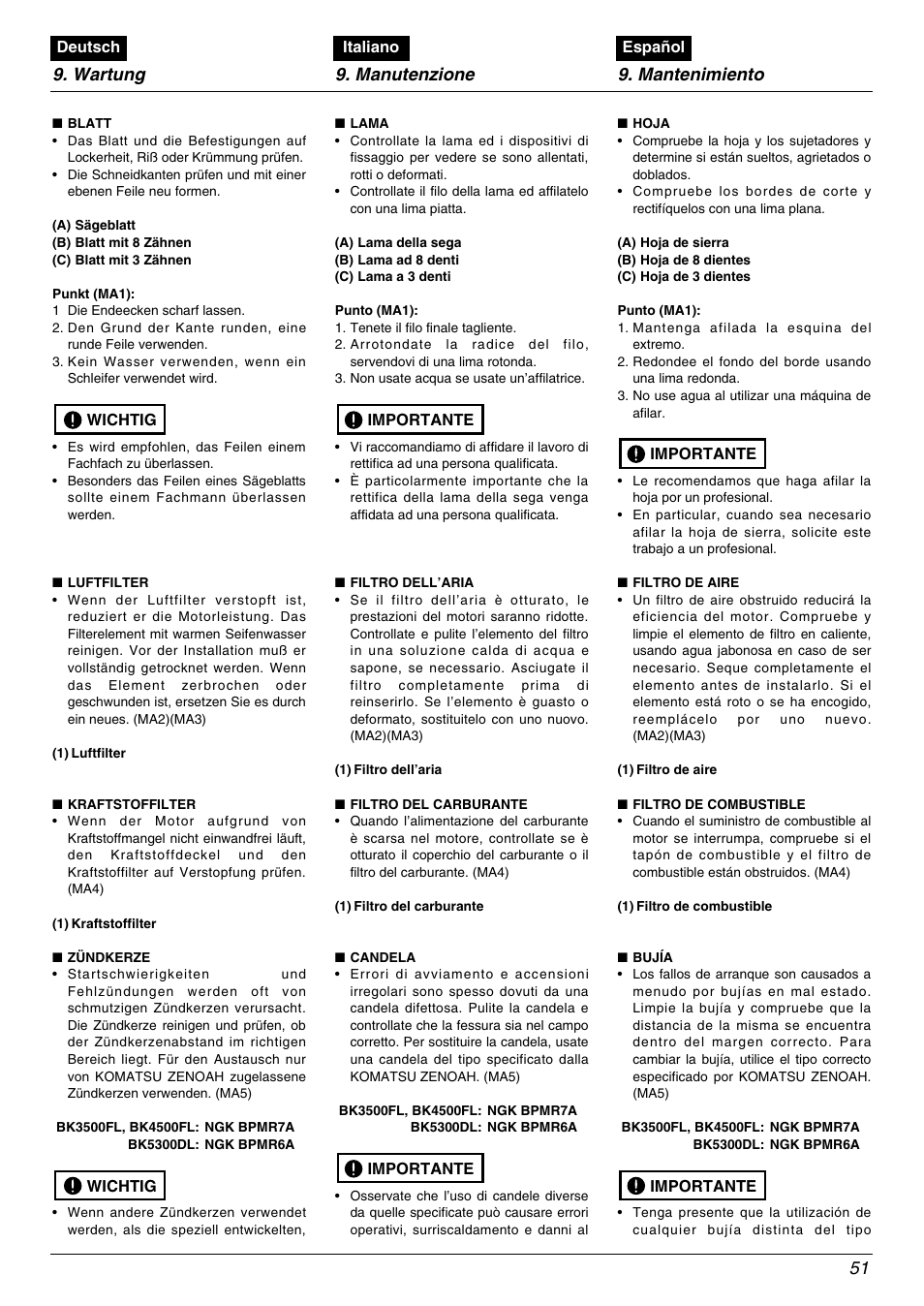 Wartung 9. manutenzione 9. mantenimiento 51 | Zenoah BK4500FL User Manual | Page 51 / 62