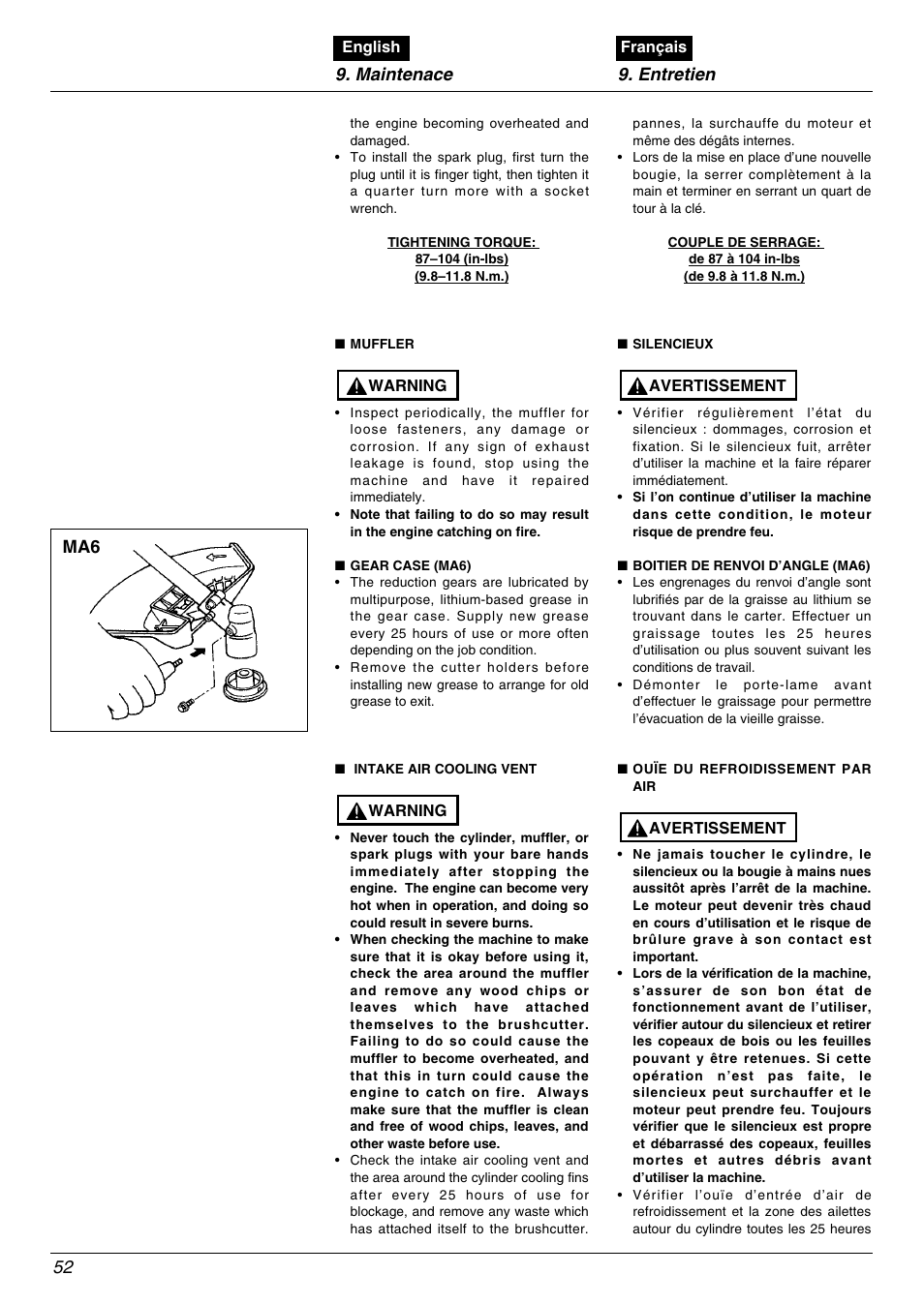 Maintenace 9. entretien 52 | Zenoah BK4500FL User Manual | Page 52 / 62