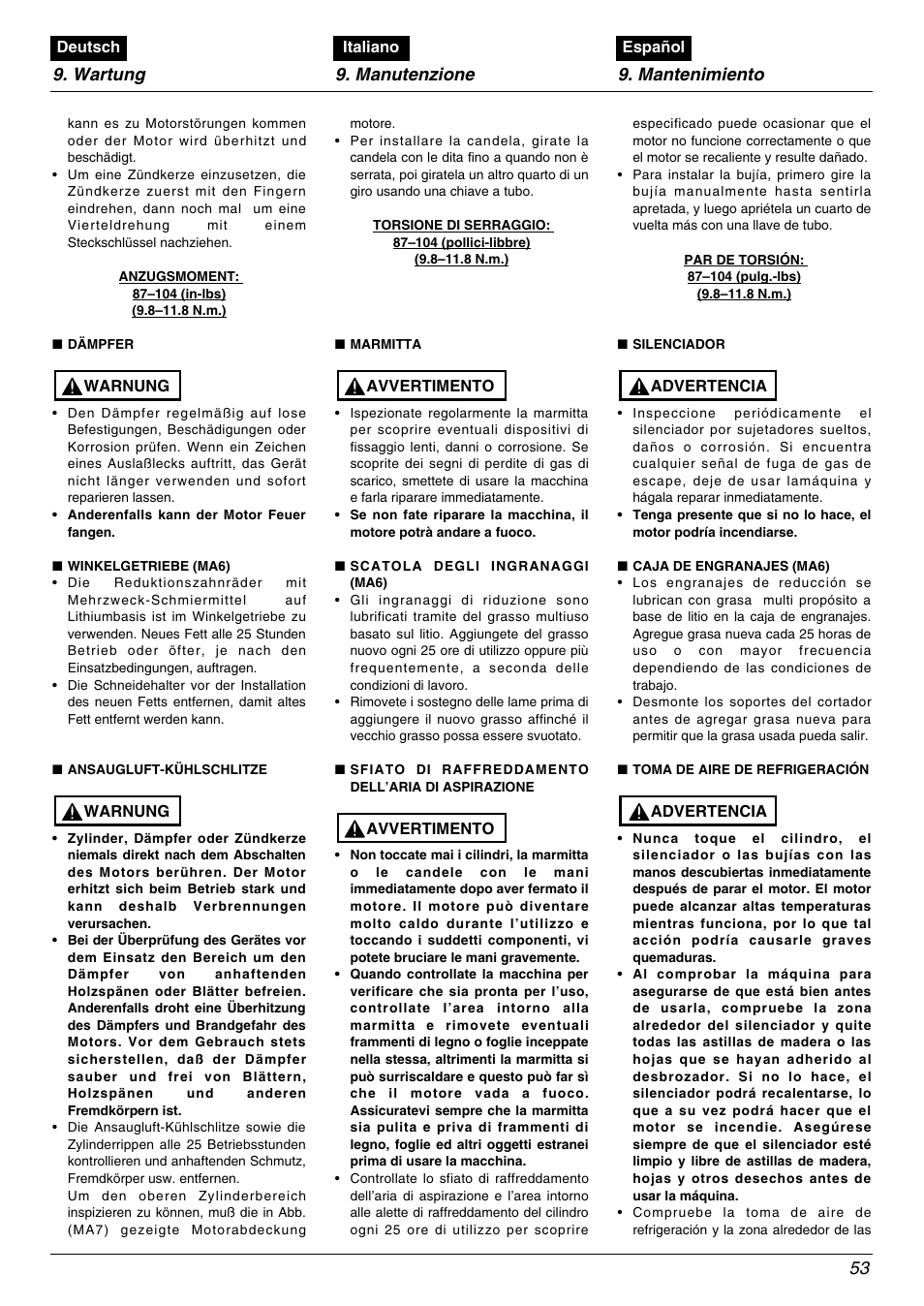 Wartung 9. manutenzione 9. mantenimiento 53 | Zenoah BK4500FL User Manual | Page 53 / 62
