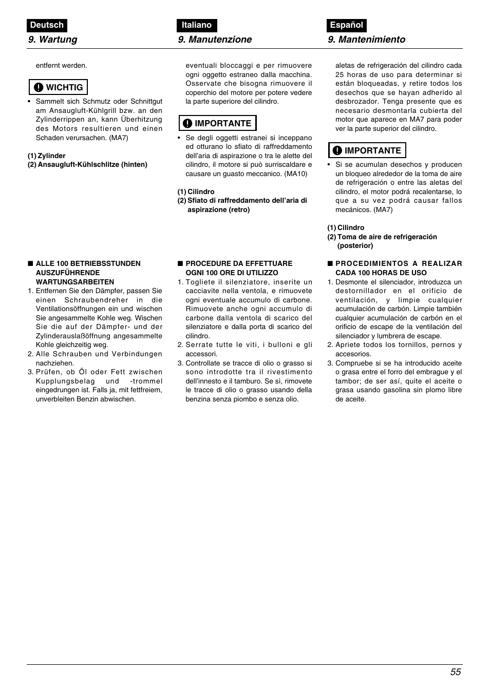 Wartung 9. manutenzione 9. mantenimiento 55 | Zenoah BK4500FL User Manual | Page 55 / 62