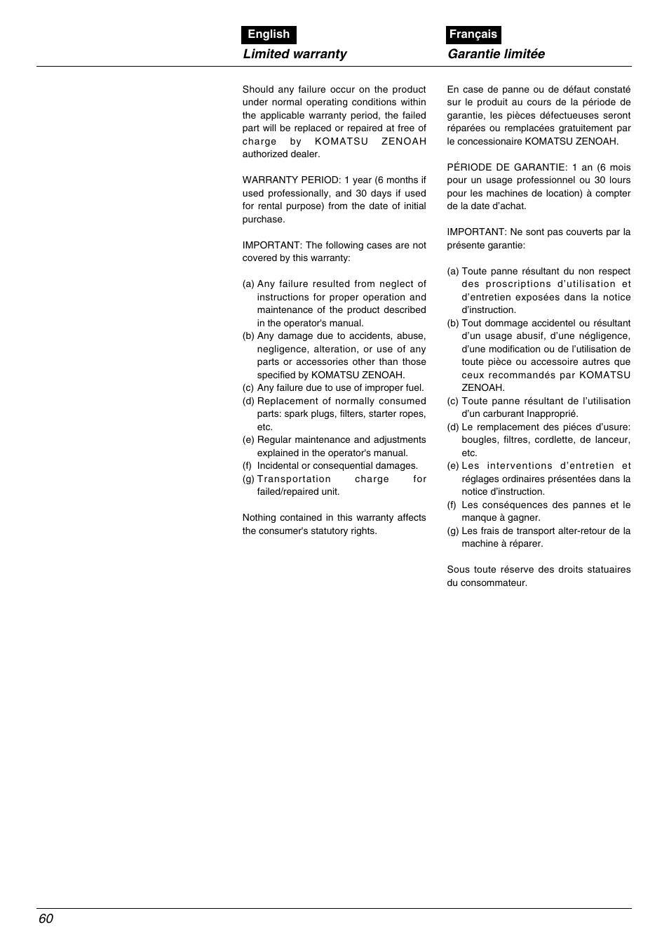 Limited warranty garantie limitée 60 | Zenoah BK4500FL User Manual | Page 60 / 62