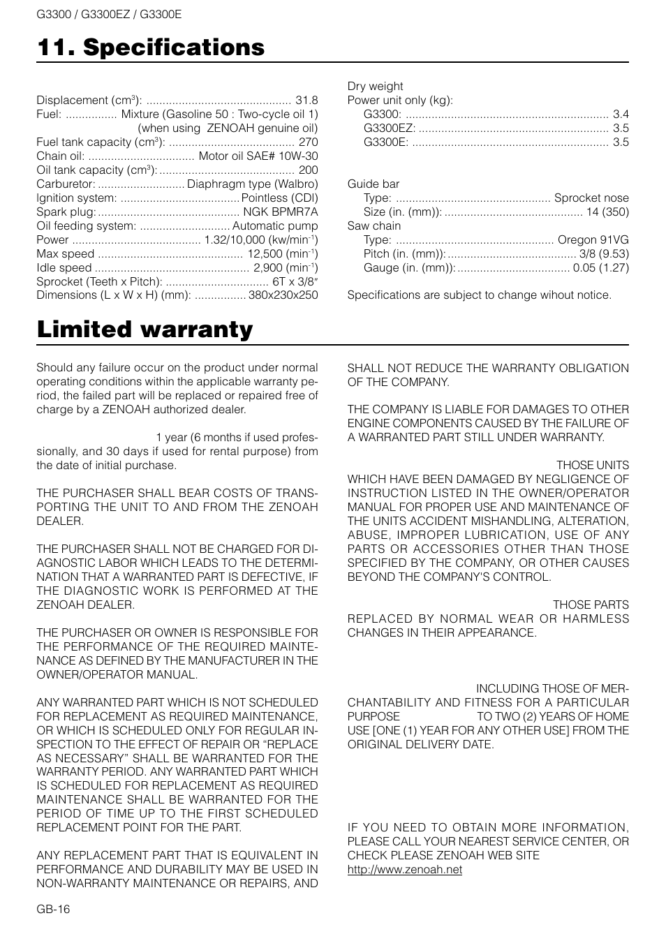 Limited warranty, Specifications | Zenoah G3300E User Manual | Page 16 / 16