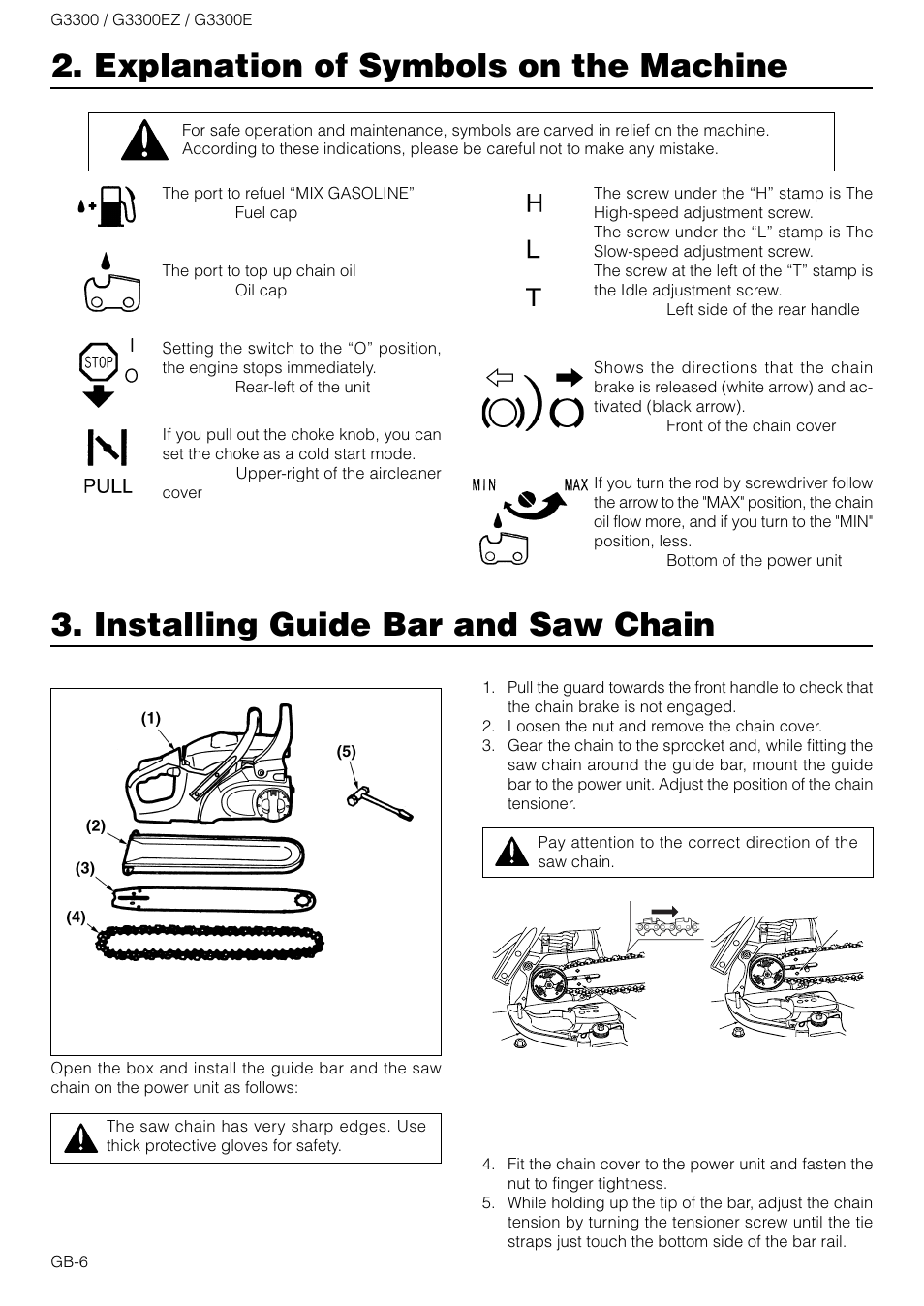 Explanation of symbols on the machine, Installing guide bar and saw chain | Zenoah G3300E User Manual | Page 6 / 16