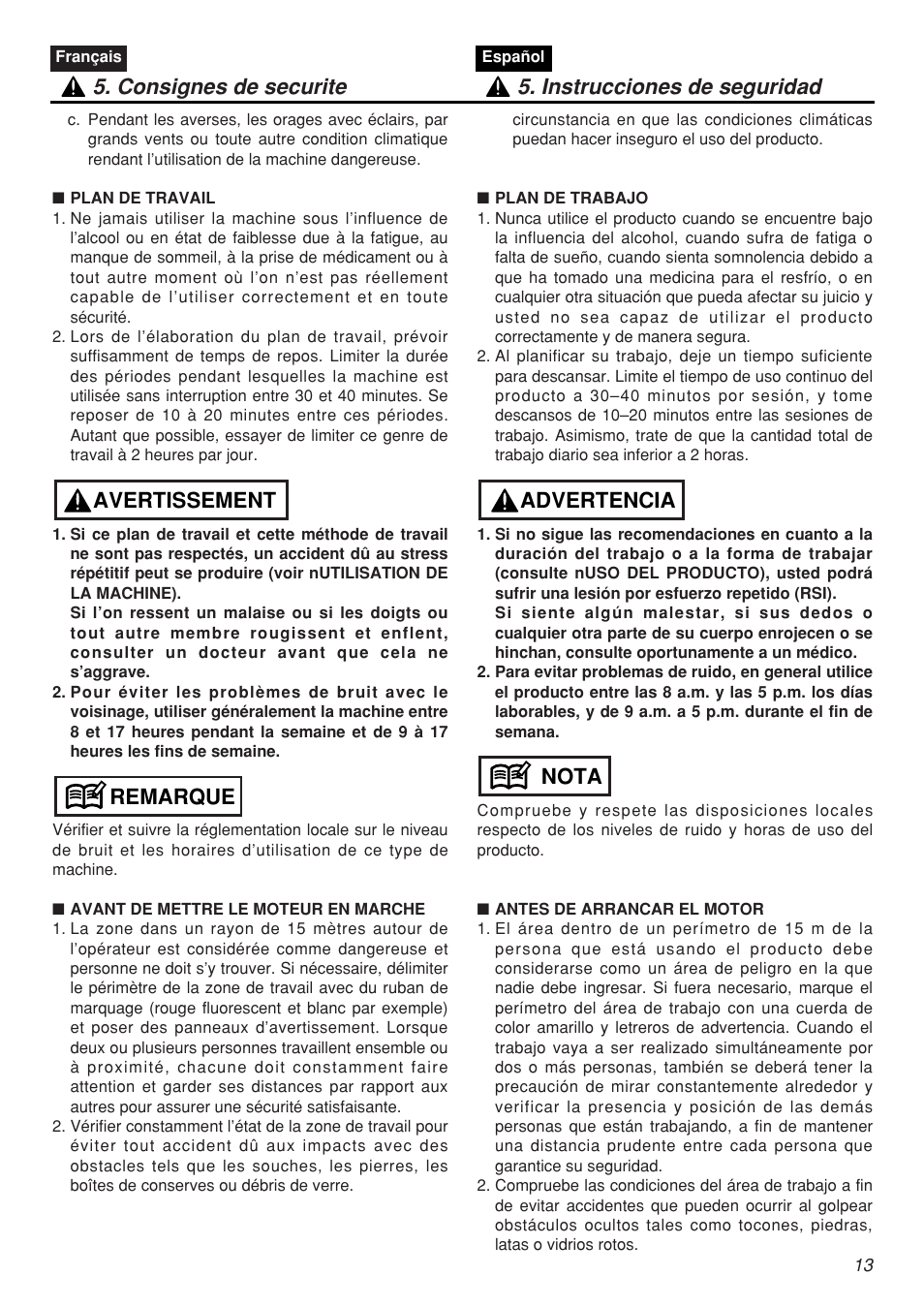 Remarque avertissement | Zenoah SRTZ2401F-CA User Manual | Page 13 / 56