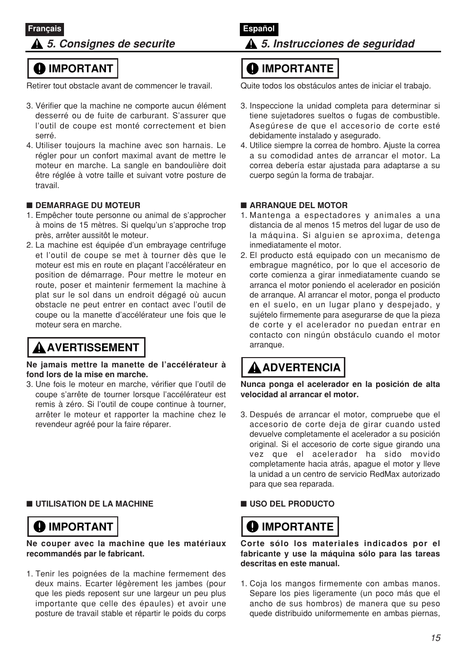 Important avertissement important | Zenoah SRTZ2401F-CA User Manual | Page 15 / 56