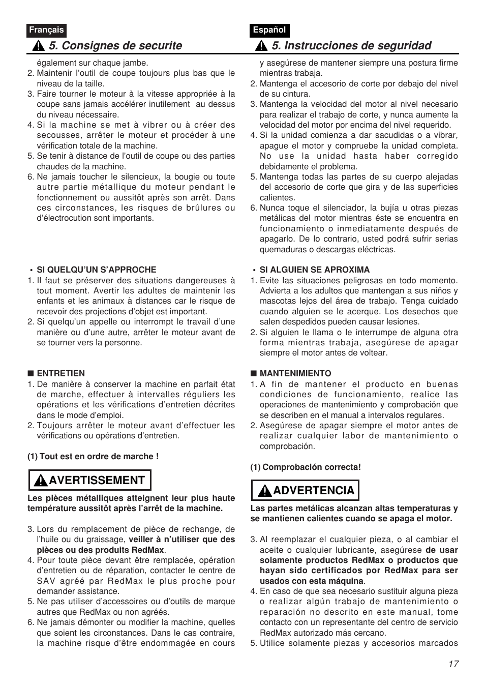 Avertissement | Zenoah SRTZ2401F-CA User Manual | Page 17 / 56