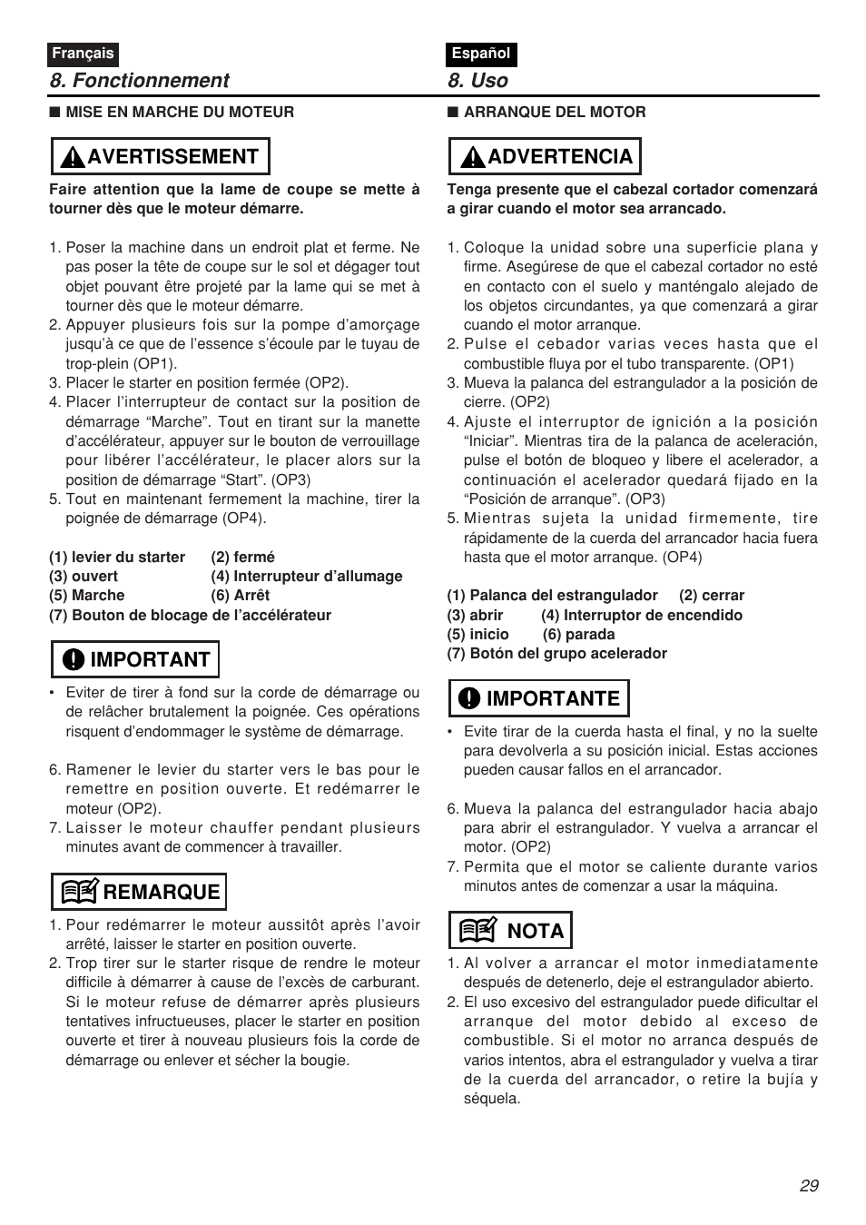 Fonctionnement 8. uso, Remarque important avertissement, Nota importante advertencia | Zenoah SRTZ2401F-CA User Manual | Page 29 / 56