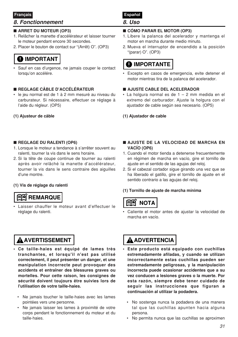 Fonctionnement 8. uso, Avertissement remarque important, Advertencia nota importante | Zenoah SRTZ2401F-CA User Manual | Page 31 / 56