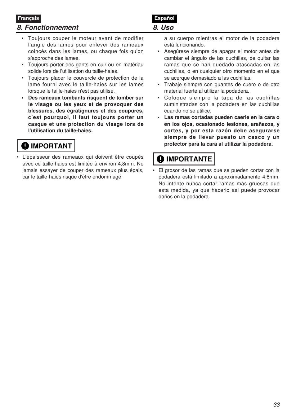 Fonctionnement 8. uso, Importante, Important | Zenoah SRTZ2401F-CA User Manual | Page 33 / 56