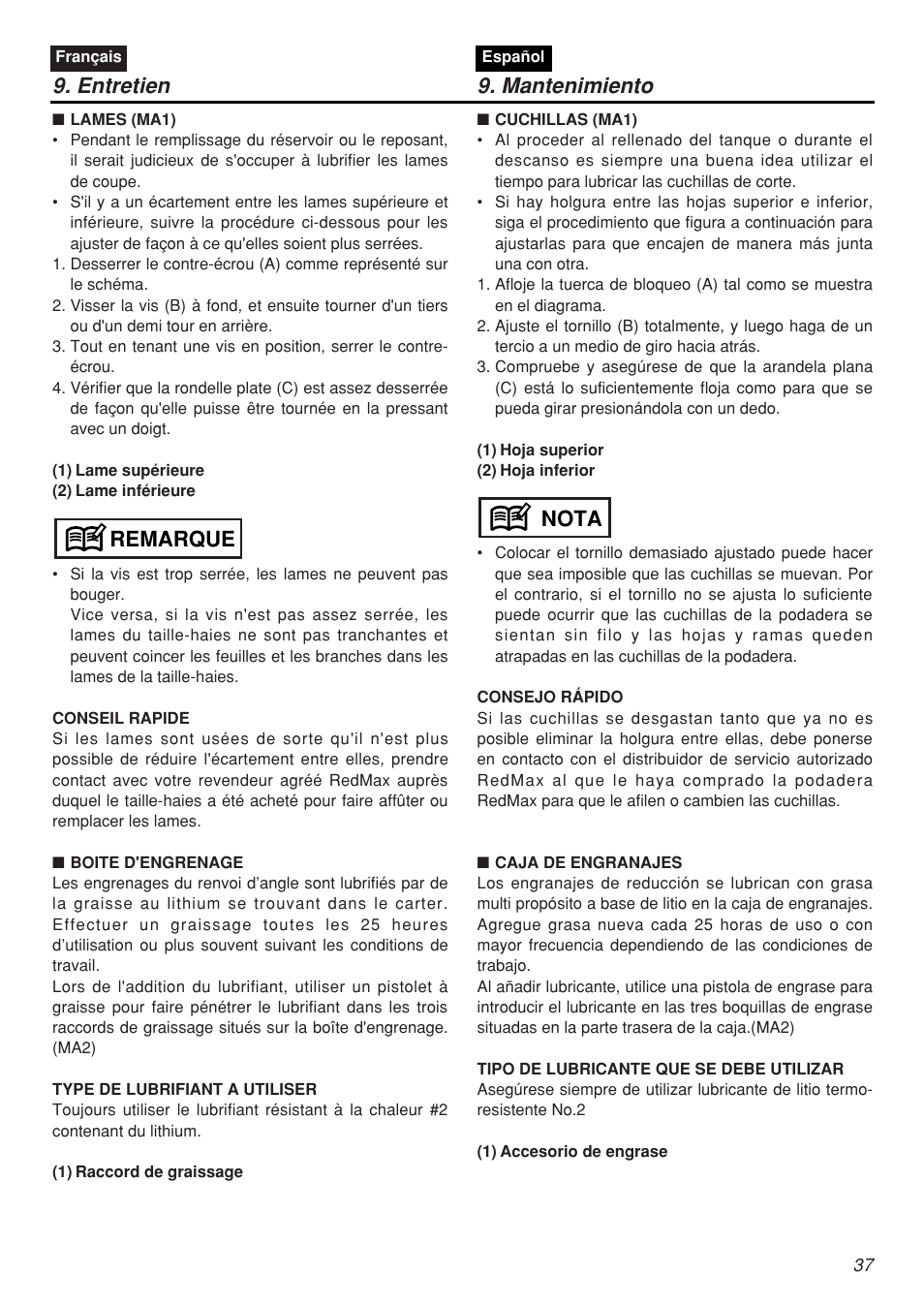 Entretien 9. mantenimiento, Remarque, Nota | Zenoah SRTZ2401F-CA User Manual | Page 37 / 56