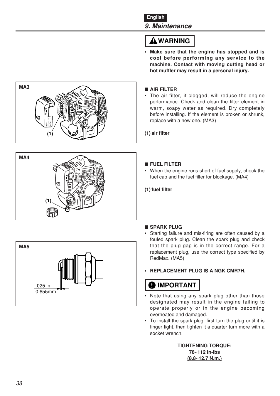 Maintenance, Important warning | Zenoah SRTZ2401F-CA User Manual | Page 38 / 56