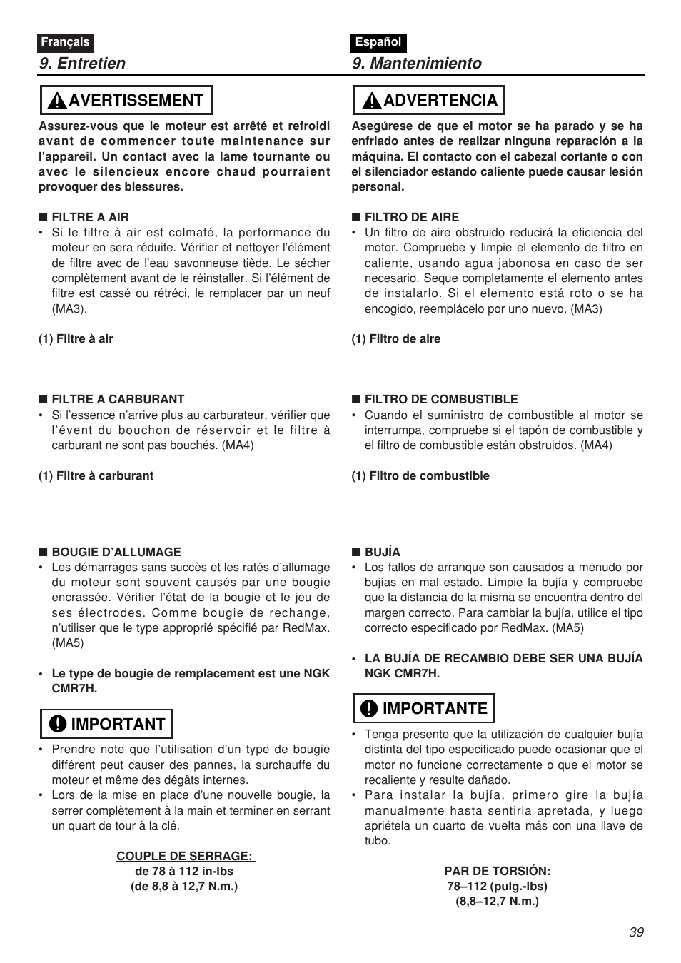 Entretien 9. mantenimiento, Important avertissement, Importante advertencia | Zenoah SRTZ2401F-CA User Manual | Page 39 / 56