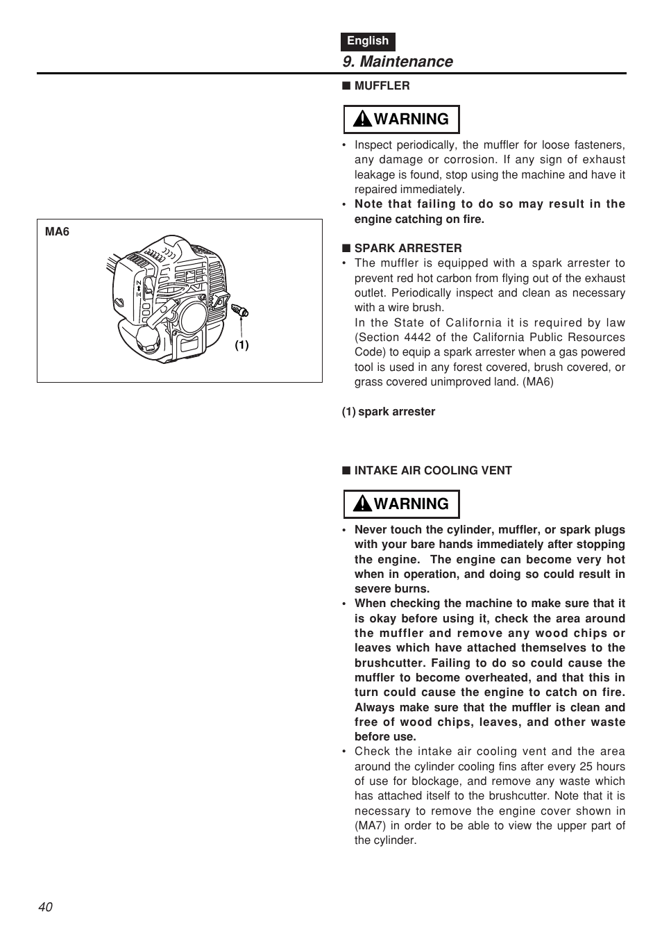 Maintenance, Warning | Zenoah SRTZ2401F-CA User Manual | Page 40 / 56