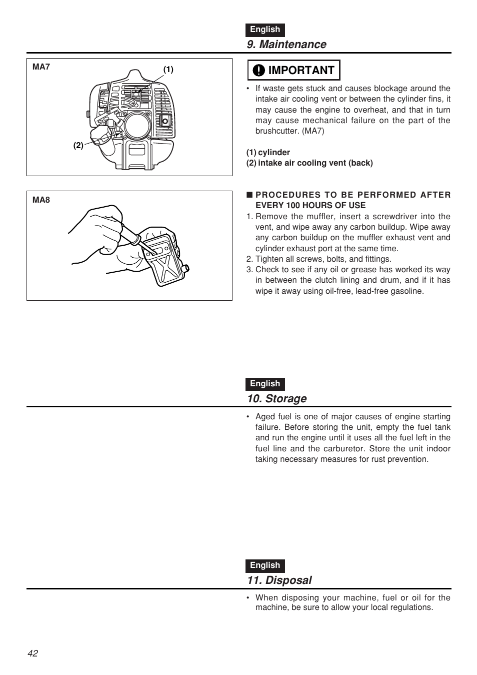 Maintenance, Important, Storage | Disposal | Zenoah SRTZ2401F-CA User Manual | Page 42 / 56