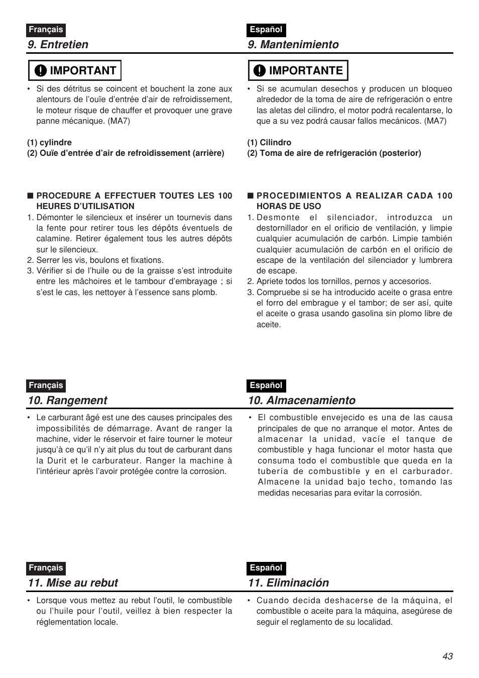 Entretien 9. mantenimiento, Important, Importante | Rangement 10. almacenamiento, Mise au rebut 11. eliminación | Zenoah SRTZ2401F-CA User Manual | Page 43 / 56