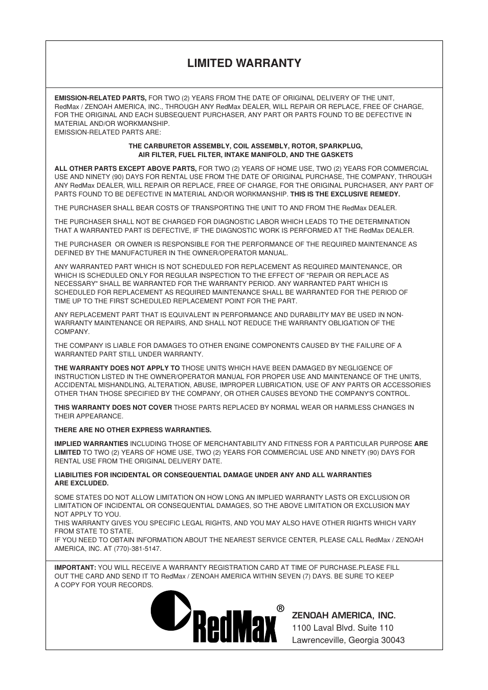 Limited warranty | Zenoah SRTZ2401F-CA User Manual | Page 53 / 56