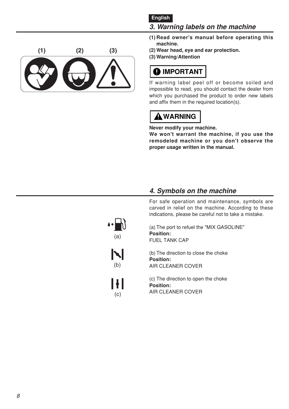 Warning labels on the machine, Warning important 4. symbols on the machine | Zenoah SRTZ2401F-CA User Manual | Page 8 / 56