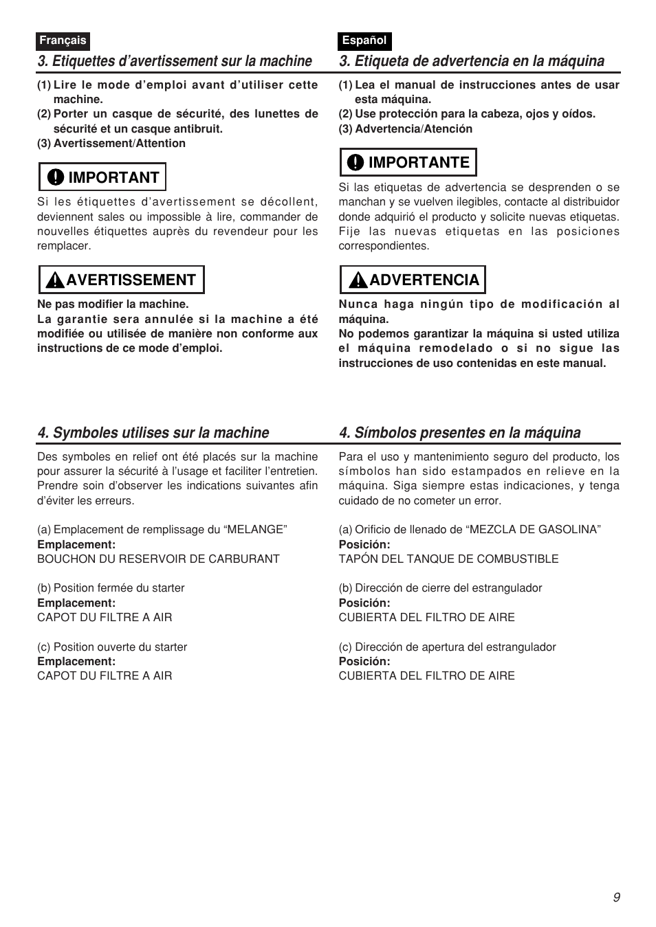 Avertissement important, Advertencia importante | Zenoah SRTZ2401F-CA User Manual | Page 9 / 56