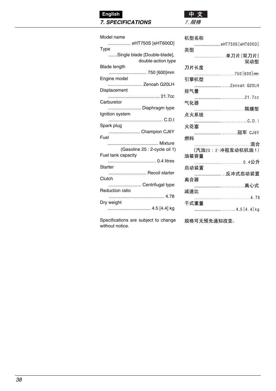 Zenoah eHT600D User Manual | Page 38 / 40